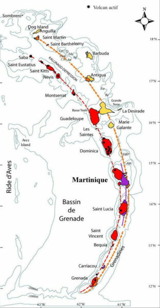 d'après Germa A.,  Evolution volcano-tectonique de l'île de la Martinique (arc insulaire des Petites Antilles): nouvelles contraintes géochronologique et géomorphologiques. Thèse de doctorat ès Sciences, 2008 )